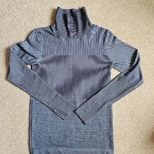 Athleta Navy Striped Turtleneck Top